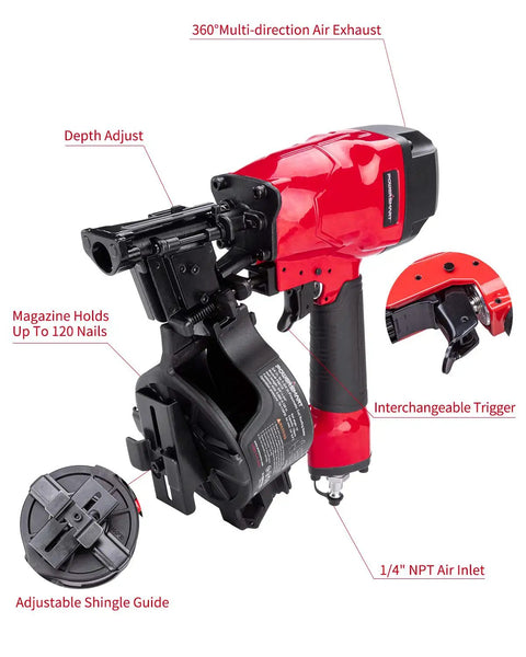 15 Degree Roofing Nailer Coil Kit With 120 Nail Magazine And 240 Nails, Includes Safety Goggles, shown disassembled with labeled features
