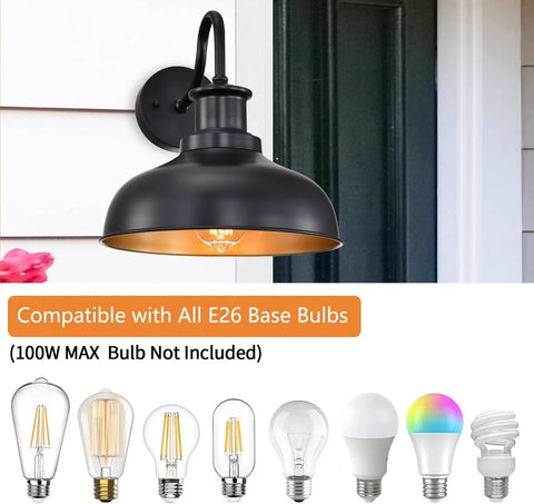 Gooseneck Barn Light Outdoor Wall Sconce Rustic Industrial Exterior Lighting Black Lantern With Gold Interior Compatible E26 Bulbs