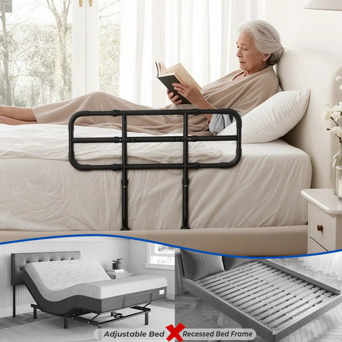 Extendable Bed Rail With Storage Bag And Tool Free Setup For Seniors And Recovery Patients 350 lb capacity shown on bed