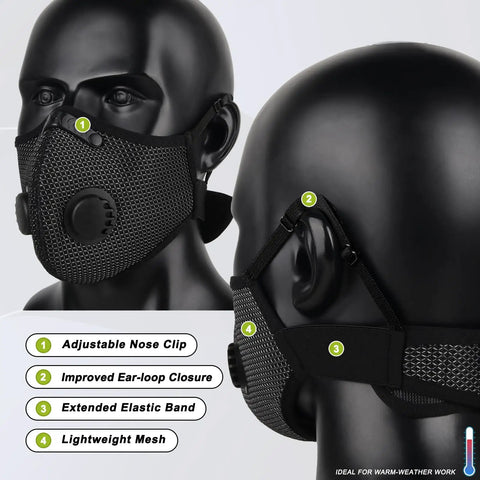 Silver And Black Upgrade M Plus Dust Mask Reusable Respirator With 6 Activated Carbon Filters shown front and side view