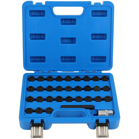 Premium Wheel Lock Nut Key Disassembly Tool Kit For Mercedes Benz 32 Piece Heavy Duty Removal Set With Carrying Case Easy Grip Design To Save Your Rims, blue case open
