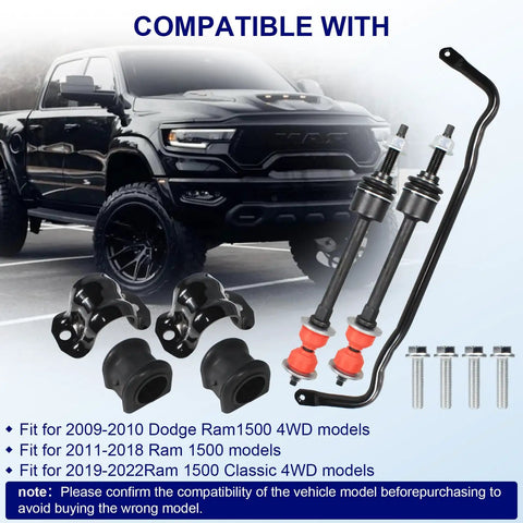 Front Suspension Stabilizer Bar And Sway Bar Link Kit For Dodge Ram 1500 2011 2018 And Ram Classic 2019 2022 4WD Replacing 55398938AC And 55398938AB With K80894 And 5170290, with links, bushings, and bolts