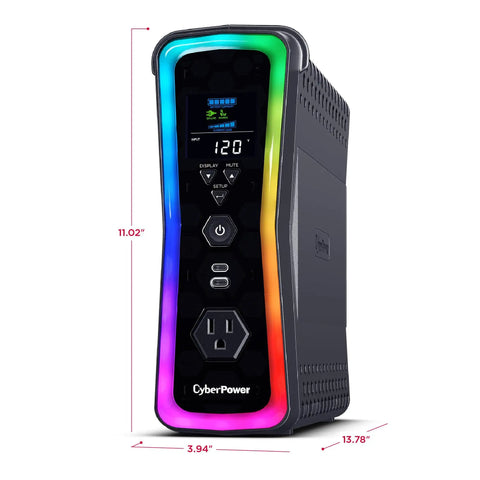 Front view of GX150C2 Gaming UPS Battery Backup And Surge Protector With RGB Lighting, 1500VA 1000W, 13 Outlets, USB-C Charging