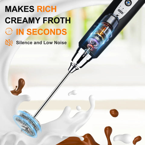 Rechargeable USB Milk Frother Wand With Three Heads And Three Speeds For Lattes Cappuccinos Hot Chocolate And Egg Mixing Portable Handheld Electric Whisk For Home Barista Use Eco Friendly USB Charging illustration showing frothing action