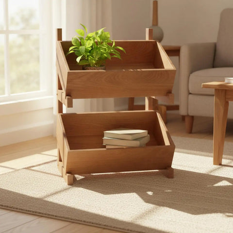 Two Tier Wooden Storage Shelf With Tilted Open Trays Walnut Finish Floor Standing Organizer Rack Minimalist Design with books and plant.