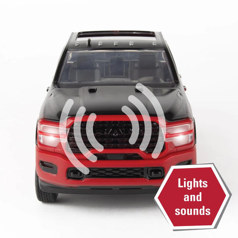 Front view of RAM 2025 Dealership Truck With Case IH Skid Steer And Gooseneck Trailer 1 16 Scale Lights And Sounds Real Steering toy.