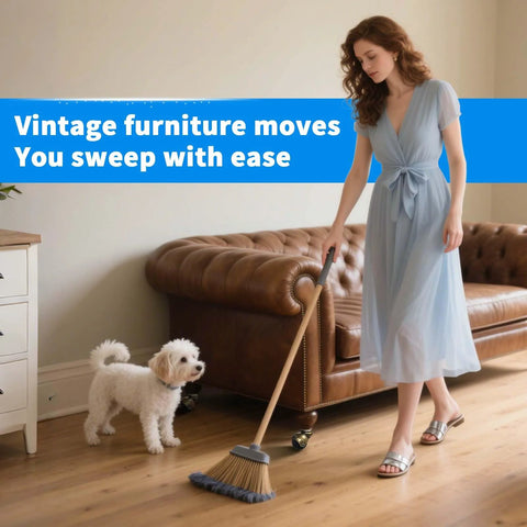 Woman sweeping floor next to sofa on Brass Vintage Ball Caster Wheels 2 Inch Heavy Duty TPR Casters with dog watching
