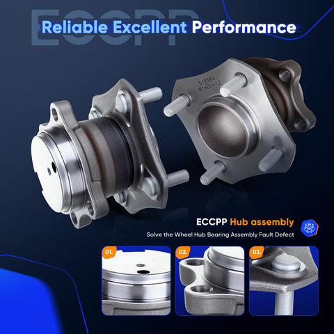 Pair Of Rear Wheel Hub Bearing Assemblies With ABS 4 Lug Direct Fit Plug And Play Drop In Replacement For Nissan Sentra 2007 2008 2009 2010 2011 2012 Premium Quality Durable Long Lasting Vehicle Safety, showing front and side view with detailed close-ups.