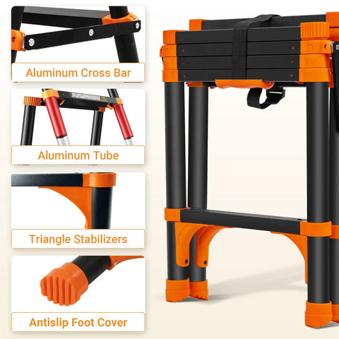 Detailed view of Aluminum Telescoping A-Frame Ladder With One-Button Retraction, Portable for Home or RV, showing components.