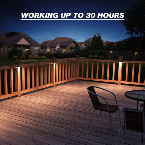 12 Pack Solar Fence Lights IP65 Waterproof Outdoor Lighting With Warm White And RGB Color Modes illuminating a wooden deck.