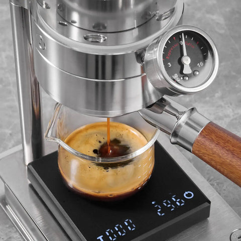 Top Shelf Manual Lever Espresso Maker Built From Heavy Duty 304 Stainless Steel For Bangin Homemade Espresso With Ergonomic Wood Grip and espresso brewing.