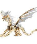 3D Metal Dragon Puzzle Kit For Adults High Detail Mechanical Model Building Set, golden finish with intricate details, side view.