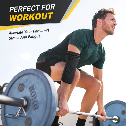Man lifting weights wearing a Two Pack Elbow Compression Sleeve For Tendonitis And Tennis Elbow Relief Golfers Elbow Support Non Slip 3D Knit Arm Guard For Pain Relief And Fast Recovery For Men And Women