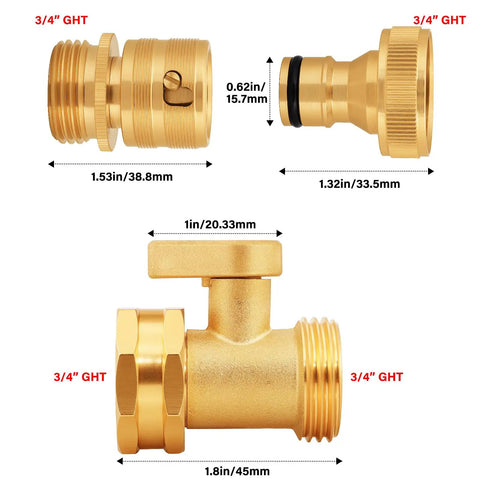 Brass Garden Hose Quick Connect Set With Shutoff Valve, Three Quarter Inch Fittings, detailed view with dimensions