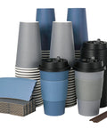 16 Oz Disposable Paper Coffee Cups With Lids, Sleeves, And Stir Sticks, Blue And Gray, 100 Pack, stacked with accessories