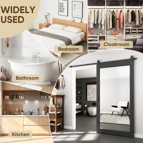 Mirror Barn Door 42 Inch By 84 Inch With 7 Foot Sliding Hardware Kit Included One Lite Full Length Frosted Glass Solid Wood Waterproof PVC Surface No Assembly Required Black Finish shown in various room styles including bedroom, cloakroom, bathroom, and kitchen