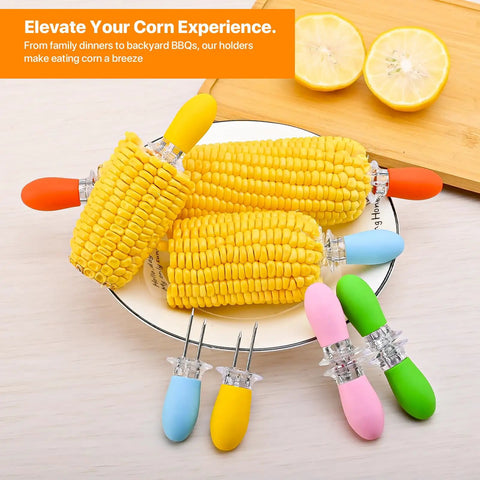 Interlocking Corn On The Cob Holders Set With Silicone Handles 5 Pairs 10 Pieces Dishwasher Safe Bright Color Skewers on plate