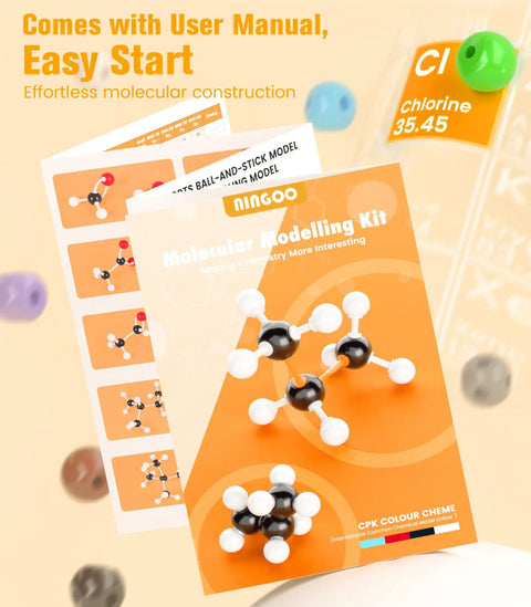 Box of Portable Molecular Model Kit With 404 Pieces for Chemistry Classes with manual and molecular structures shown