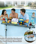 Six Cup Holder Poolside Bar Table For Folding Above Ground Pools Portable Swim Up Bar With Storage Bag built for round pools and backyard parties displayed in use.