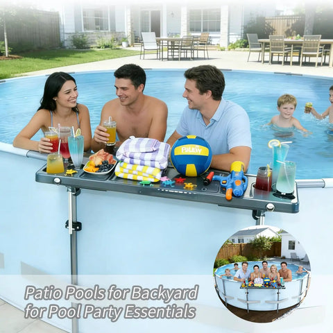 Six Cup Holder Poolside Bar Table For Folding Above Ground Pools Portable Swim Up Bar With Storage Bag built for round pools and backyard parties displayed in use.