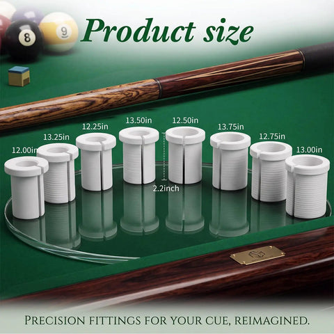 8 Piece Pool Cue Shaft Collet Set For Lathe Work And Maintenance display on billiard table, sizes 12.00mm to 13.75mm