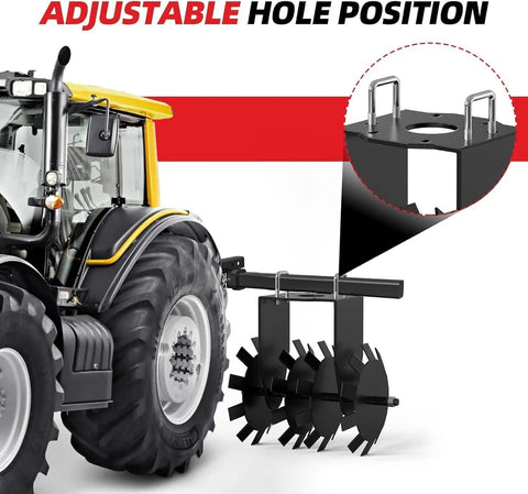 32 Inch Tow Behind Disc Plow Harrow For ATV UTV With Universal 2 Inch Hitch attached to tractor showing adjustable hole position