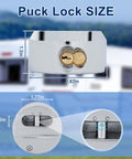 Diagram of Puck Lock Hidden Shackle Padlock 2 Pack for Trailers and Storage showing dimensions and keyhole details.