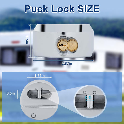 Diagram of Puck Lock Hidden Shackle Padlock 2 Pack for Trailers and Storage showing dimensions and keyhole details.