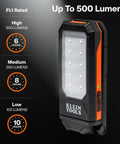 Slim USB C Rechargeable Work Light with 500 Lumens, magnetic LED, and durable aluminum housing, shown with power settings