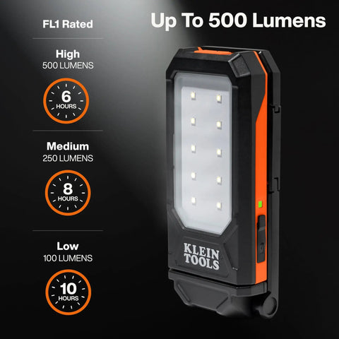 Slim USB C Rechargeable Work Light with 500 Lumens, magnetic LED, and durable aluminum housing, shown with power settings