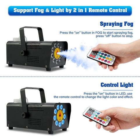 500W Fog Machine With 9 LED Lights And 12 Color Effects For Halloween Weddings Parties And DJ Stages, remote control in use