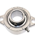 Stainless Steel One Inch Deep Groove Ball Bearing With Two Bolt Flange Housing And Setscrew Locking For Heavy Duty Work And Solid Reliability For Long Term Rotation Applications For Most Machines shown front view