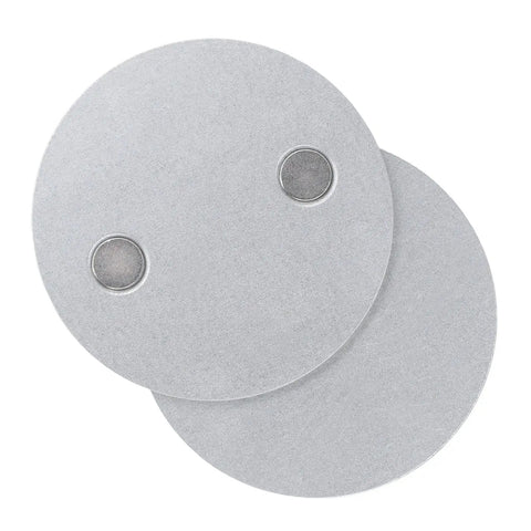 Heavy Duty Magnetic Smoke Detector Mount With Ridiculously Strong Suction And Zero Drill Hassle For Smooth Ceiling Or Wall Setup Including Steel Double Side Tape Two Piece Kit, showing round steel plates with magnets.