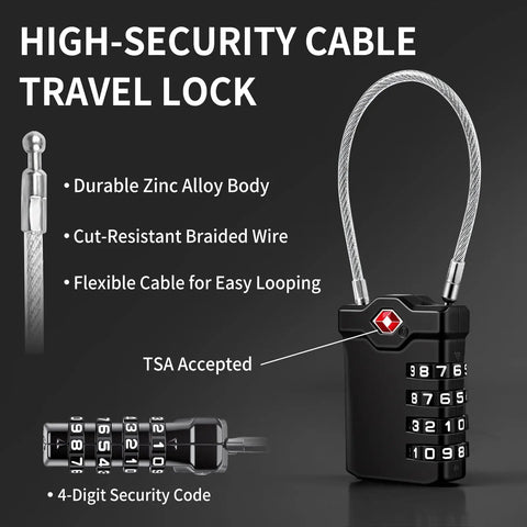 Two Pack TSA Approved Luggage Locks With Flexible Steel Cable, 4 Digit Resettable Padlocks For Suitcases, Backpacks, Gym Bags And Travel, Features Red Inspection Alert For Easy TSA Checks