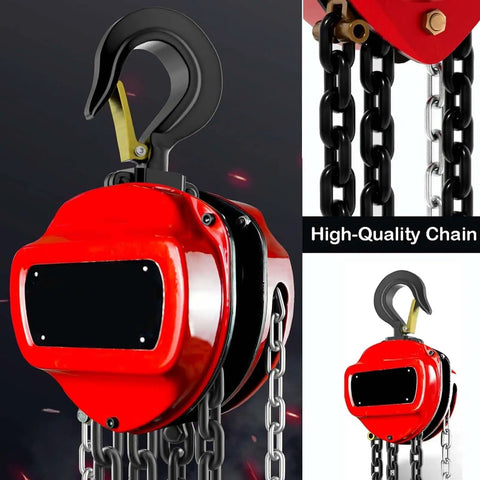 Built Like A Tank One Ton Manual Hand Chain Hoist Featuring Dual Pawl Safety Brake And Two Heavy Duty Hooks for mechanics.