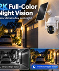 Wireless Outdoor Solar Security Camera 3MP HD With 355 View Angle PIR Motion Detection Full Color Night Vision Two Way Audio IP65 mounted on a house.