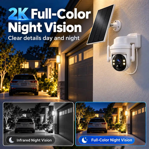 Wireless Outdoor Solar Security Camera 3MP HD With 355 View Angle PIR Motion Detection Full Color Night Vision Two Way Audio IP65 mounted on a house.