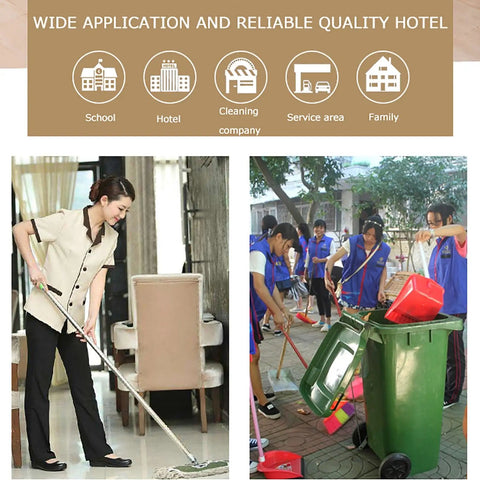 Two scenes: one of a person mopping indoors in a formal setting, the other of a group cleaning outdoors with brooms and bins.