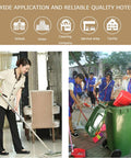 Movable Broom And Mop Holder With Wheels, used in school and hotel cleaning applications, featuring versatile cleaning tools.