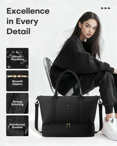 Woman with Spacious Travel Duffel Bag For Women With Shoe Compartment And Carry On Weekender Tote For Gym And Overnight Trips
