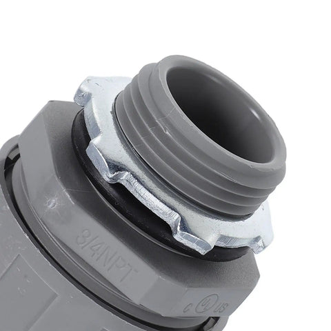 Heavy Duty Flexible Conduit Connectors NPT Three Quarter Inch PVC Pipe Couplers 5 Pack close-up showing durable threading and material.