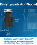 Half Horsepower Continuous Feed Garbage Disposal With Power Cord, Compact Badger Series Food Waste Disposer dimensions