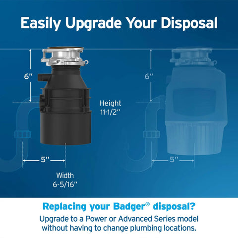 Half Horsepower Continuous Feed Garbage Disposal With Power Cord, Compact Badger Series Food Waste Disposer dimensions
