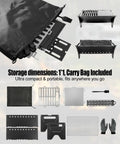 Portable Folding Charcoal Grill With Griddle Surface shown with griddle, grate, wire mesh, and carry bag for easy outdoor transport.
