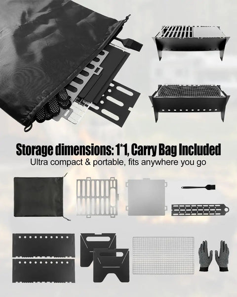 Portable Folding Charcoal Grill With Griddle Surface shown with griddle, grate, wire mesh, and carry bag for easy outdoor transport.