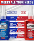 Two Vigorder thread locker bottles, blue medium-strength and red high-strength, 50 mL each for nuts, bolts