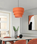 Orange Plug In Pendant Light With Three Tier Mid Century Modern Linen Shades Stylish Hanging Chandelier in dining room