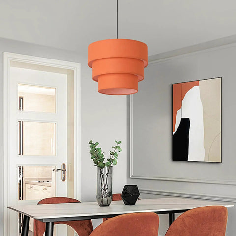 Orange Plug In Pendant Light With Three Tier Mid Century Modern Linen Shades Stylish Hanging Chandelier in dining room