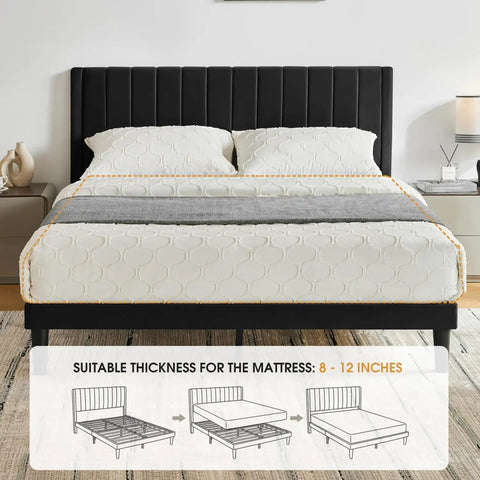 Ultra Comfy Queen Platform Bed Frame With Cozy Velvet Upholstered Headboard Built For Dead Quiet Sleep With Zero Box Spring Needed, featuring plush velvet headboard and mattress suitability.