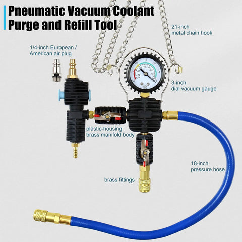 Hella Tough Coolant Vacuum Refill Kit For Rigs And Rides showing dial gauge, pressure hose, and brass fittings.